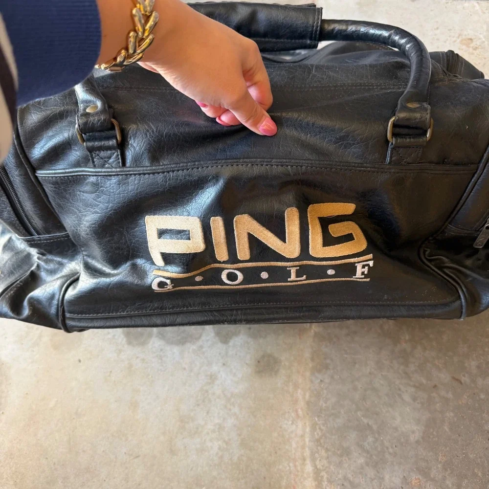 Vintage Ping Golf Vintage Black Leather Duffle Bag Travel‎ Gym Sport Logo Large